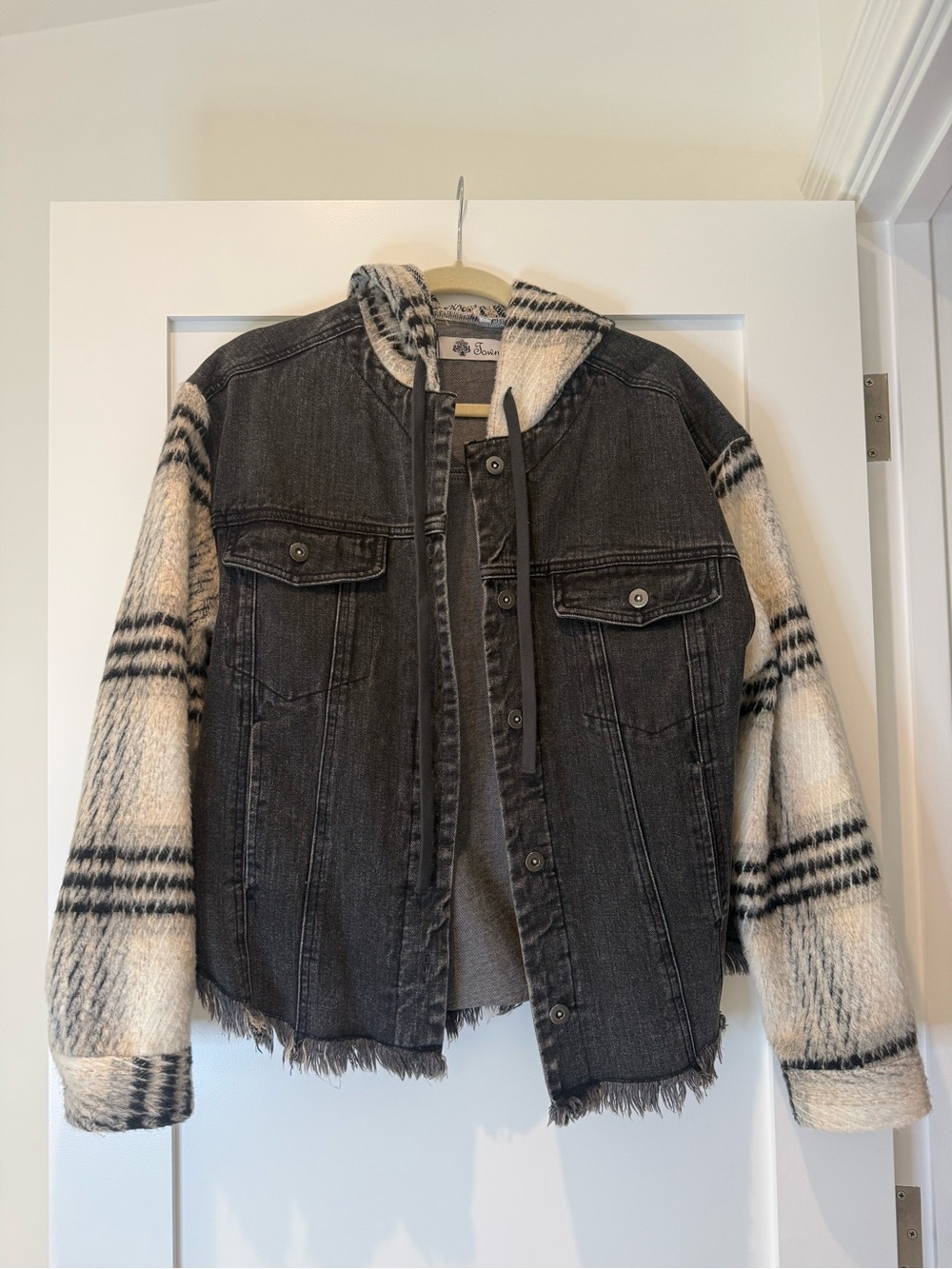 Women's Black Denim Jacket with Cream Plaid Sleeves